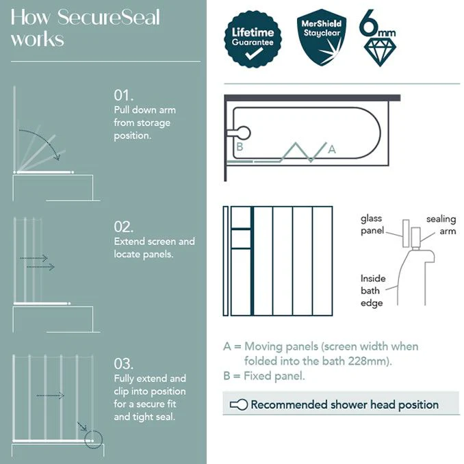Merlyn SecureSeal 4 Fold Bath Screen with Fixed Panel & Shelves - Image 2