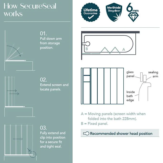 Merlyn SecureSeal 5 Fold Bath Screen with Fixed Panel & Shelves - Image 2
