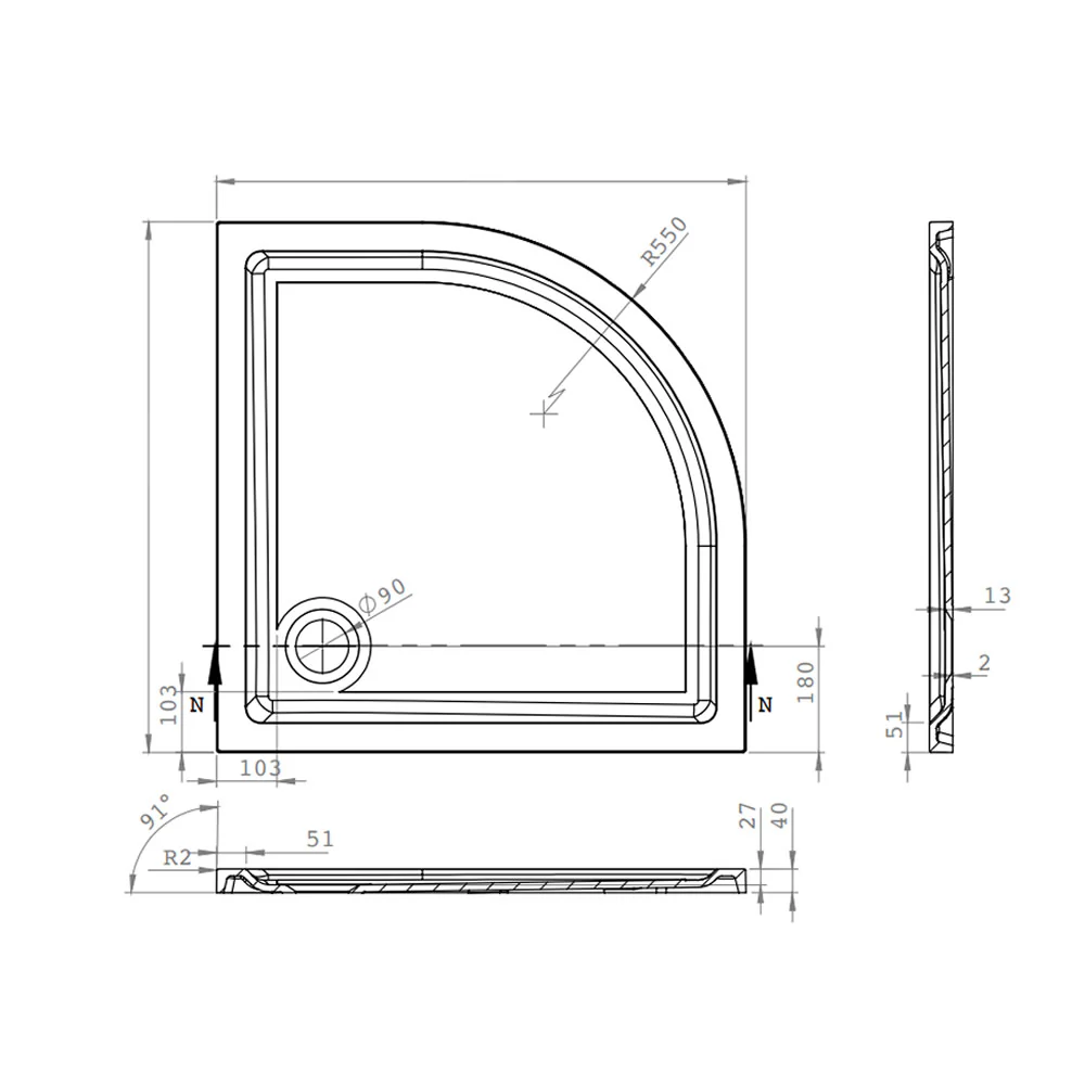 Roman Stone Solid Surface Anti Slip Shower Tray - Quadrant 800 x 800 x 40mm - Image 3