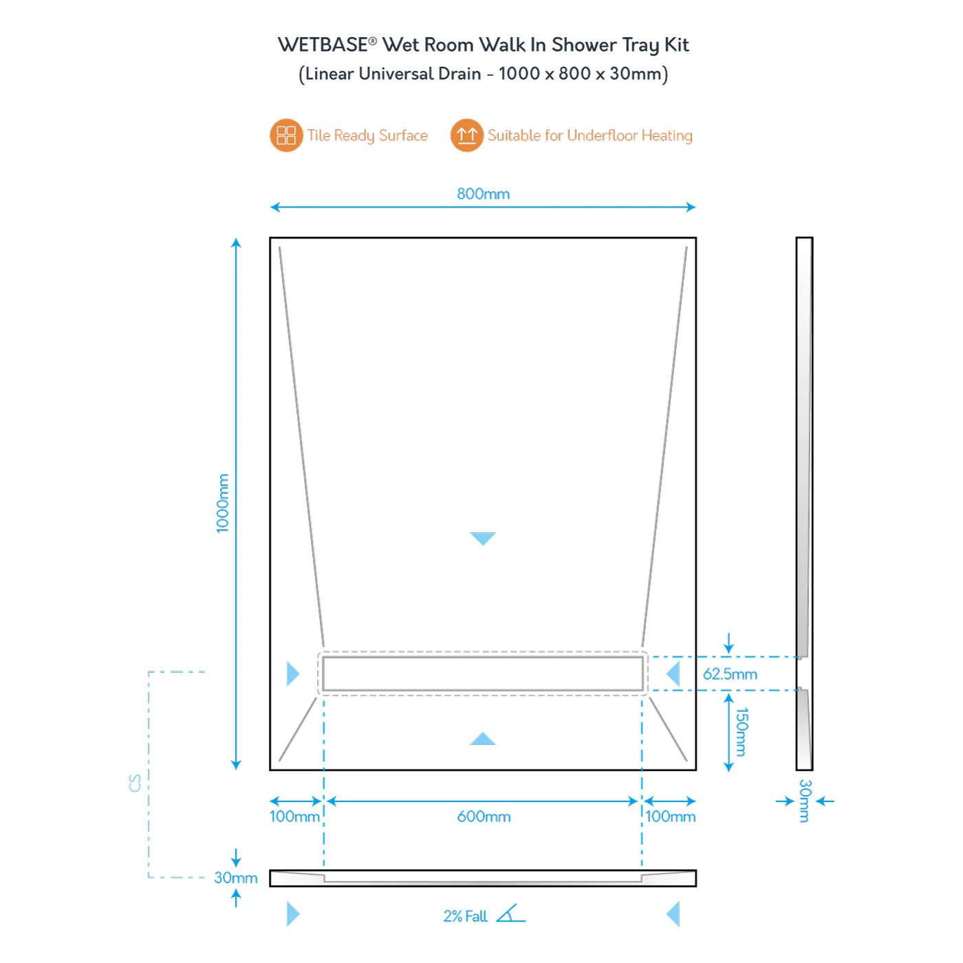 WetBase® Linear Universal Wet Room Walk In Shower Tray with Reversible Cover - 1000 x 800 x 30mm - Image 5