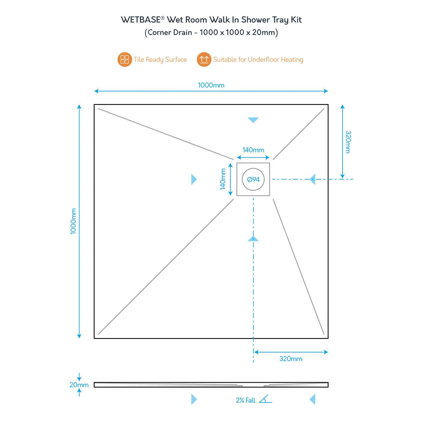 WetBase® Wet Room Walk In Shower Tray Kit - CORNER DRAIN - 1000 x 1000 x 20mm - Image 3